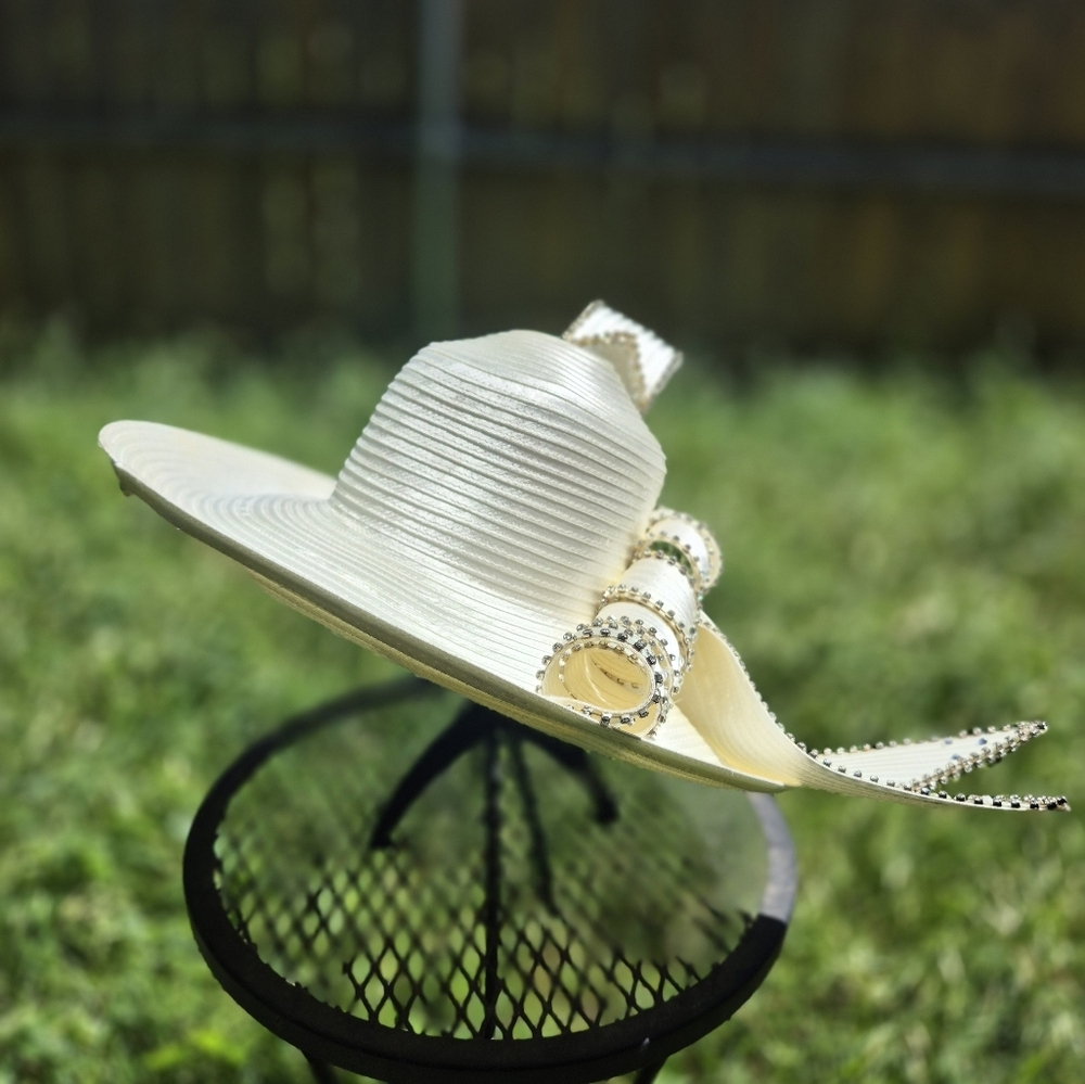 Ivory Women's Hat Rhinstone Pin Ribbon Church Derby Tea Summer Wedding Wide Brim - Picture 6 of 13